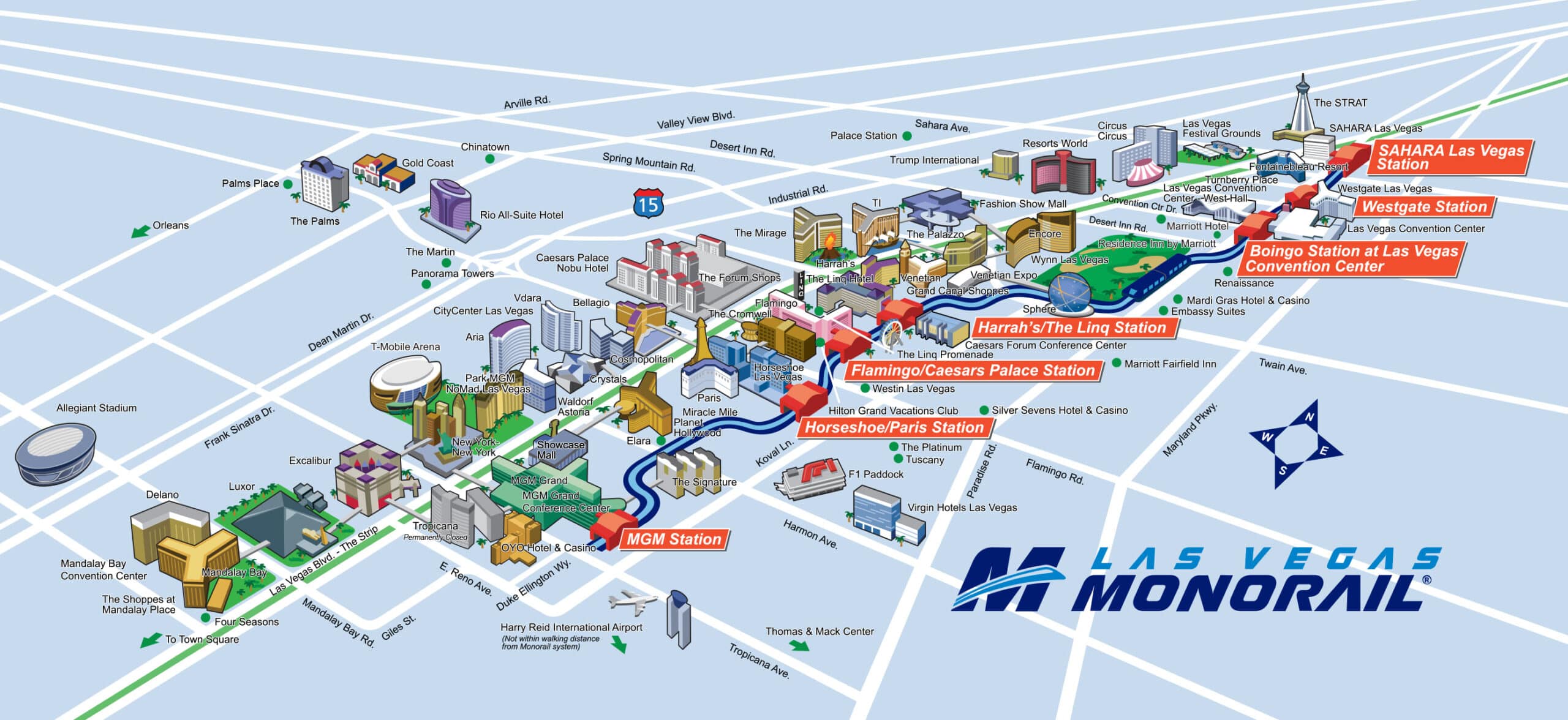 Map showing the route of the Las Vegas Monorail and the locations of major landmarks and hotels/casinos on the Las Vegas Strip.