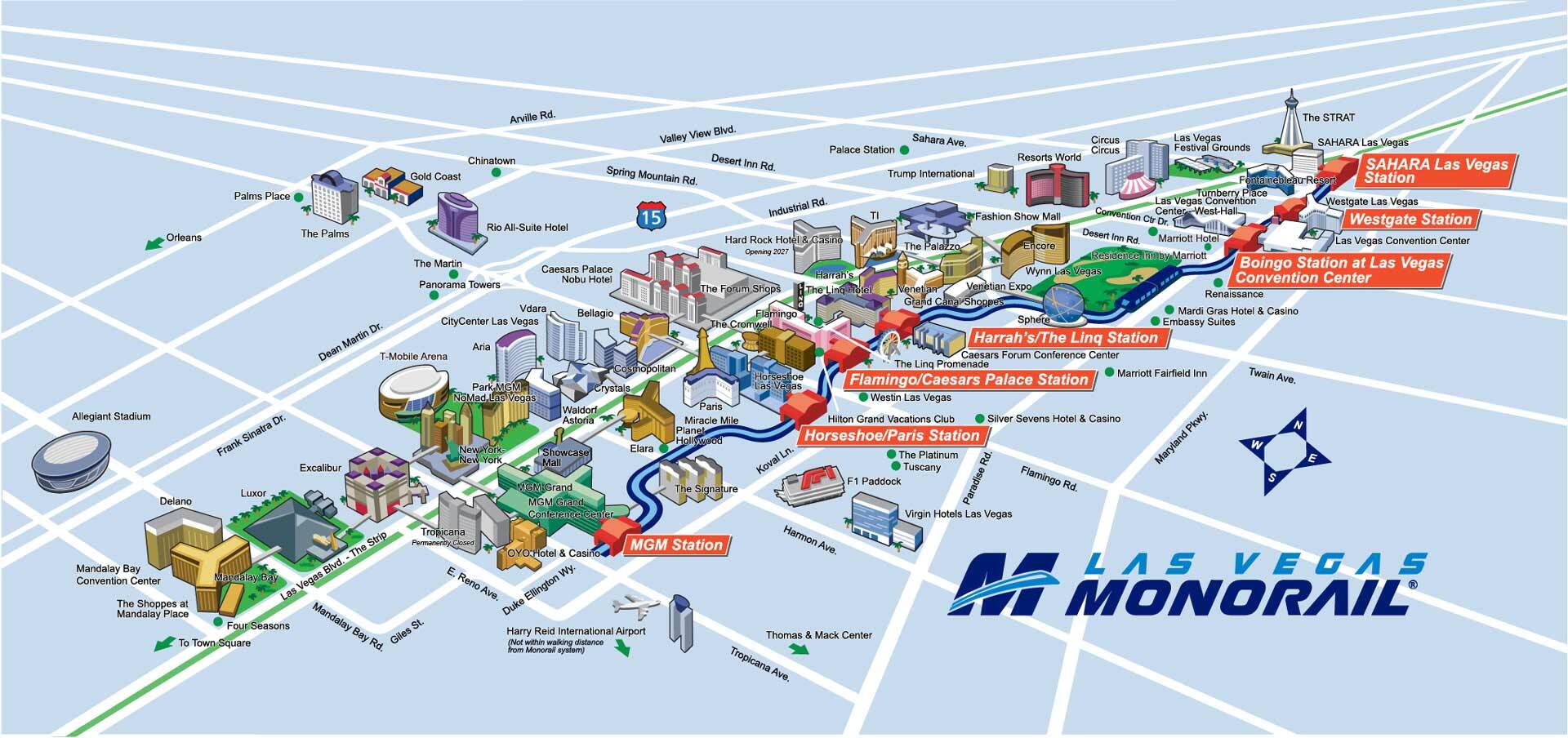 A map of the entire Las Vegas Strip featuring all hotel/casino properties, major landmarks, and the Las Vegas Monorail route and stations.